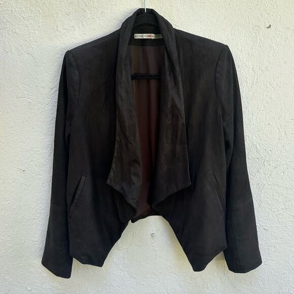 Alice + Olivia Harvey Leather Suede Open Front Jacket in Black- L - Picture 1 of 4
